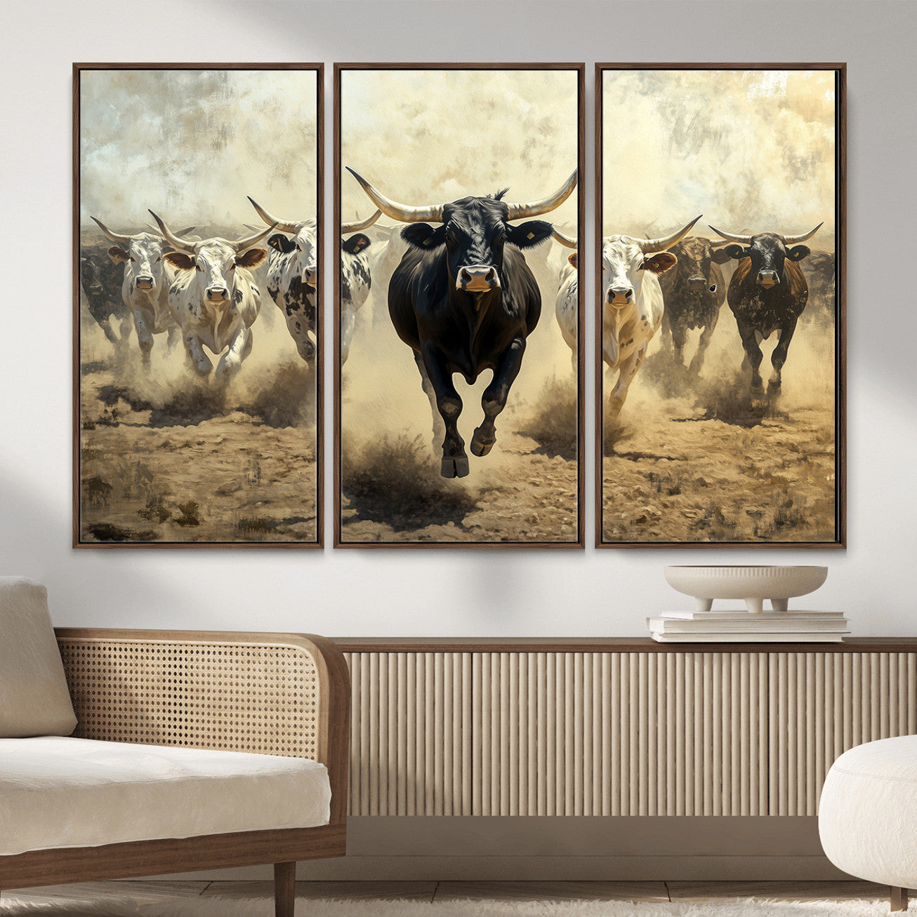 43421315-MGV-FC-48X32-3P_Walnut-Texas Longhorn Wall Art – Framed Charging Cattle Canvas Artwork, Dusty Western Herd Design, Rustic Ranch Decor for Home, Office