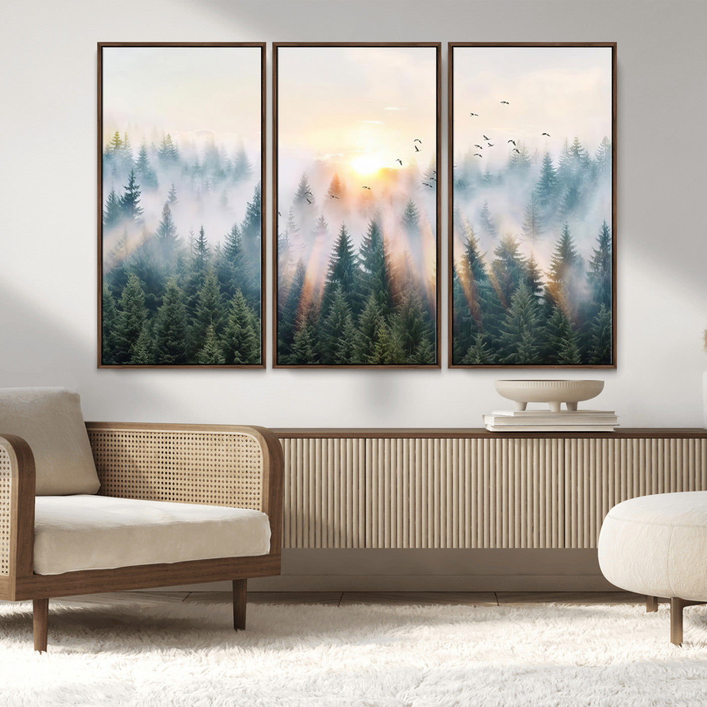 MGV-FC-48X32-3P - Misty Pine Forest Wall Art Canvas, Sunrise Over Foggy Trees Canvas for Home - Office, Framed