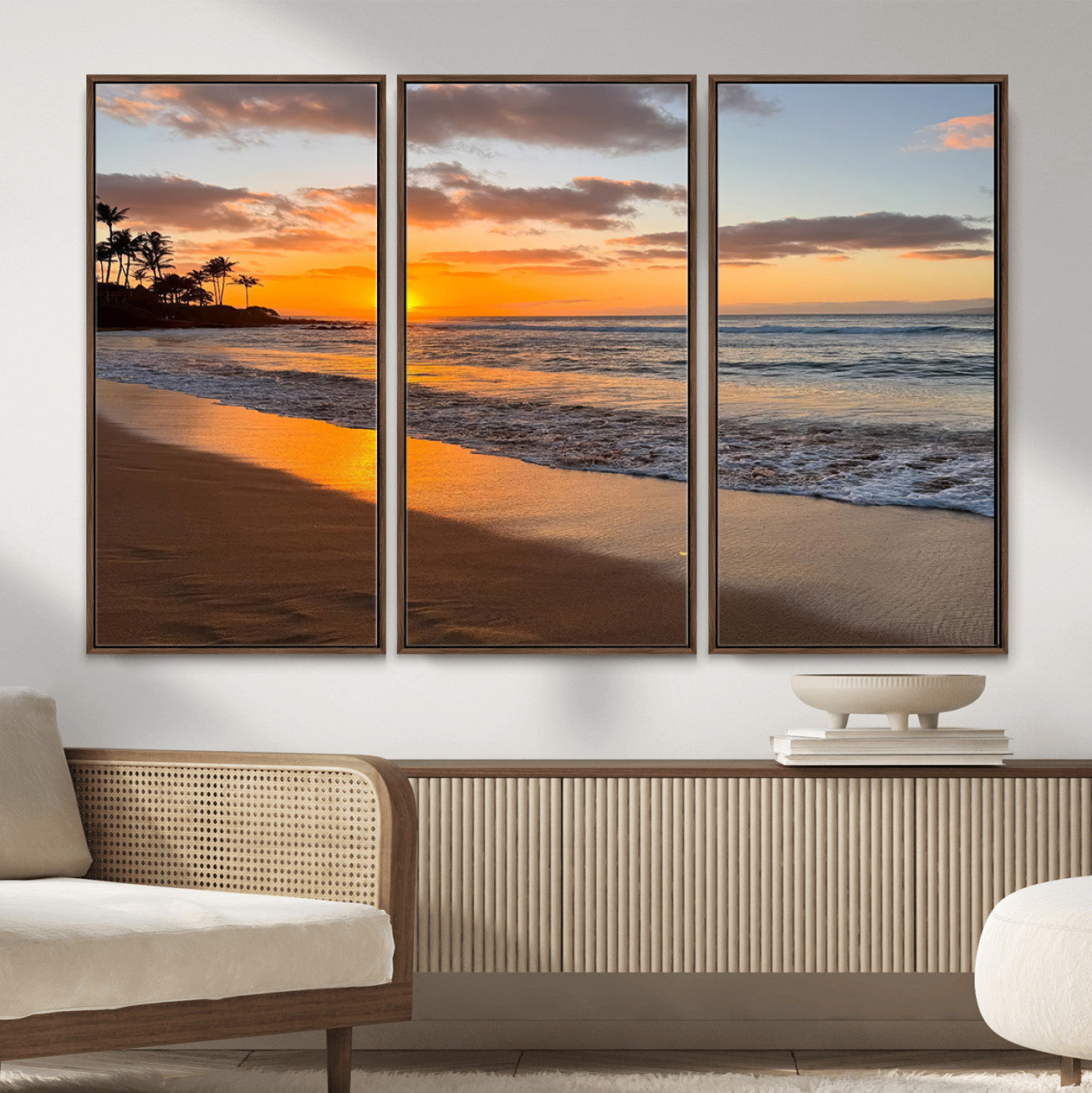 64381660-MGV-FC-48X32-3P_Walnut-Tropical Beach Wall Art – Framed Sunset Ocean Canvas Artwork, Golden Shore Design, Modern Coastal Decor for Home, Office