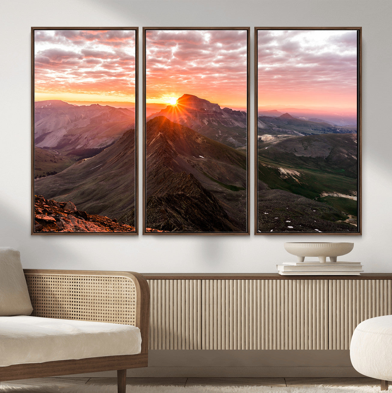 50957419-MGV-FC-48X32-3P_Walnut-Mountain Sunrise Wall Art – Framed Alpine Ridge Canvas Artwork, Golden Peak Design, Scenic Nature Decor for Home, Office