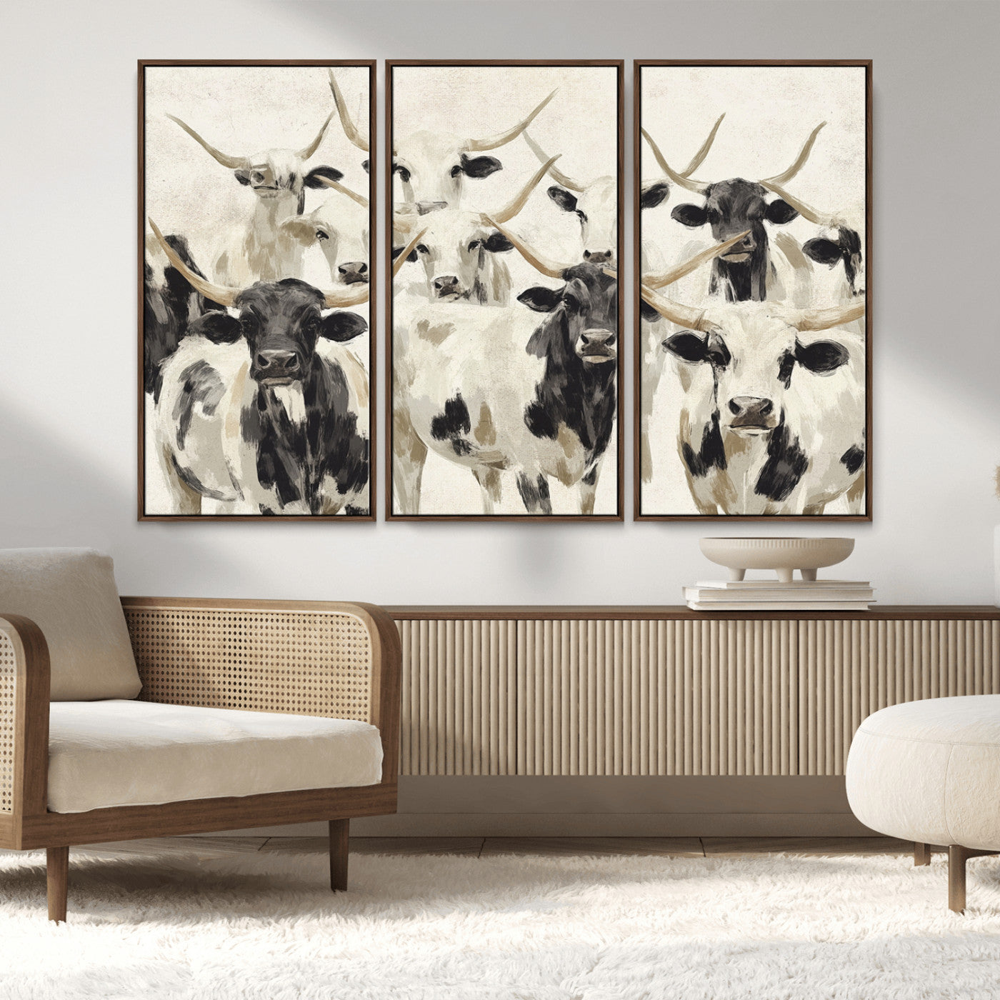 MGV-FC-48X32-3P - Longhorn Texas Cow Drawing Abstract Wall Art Canvas Print for Farmhouse Decor, Texas Bull Printing