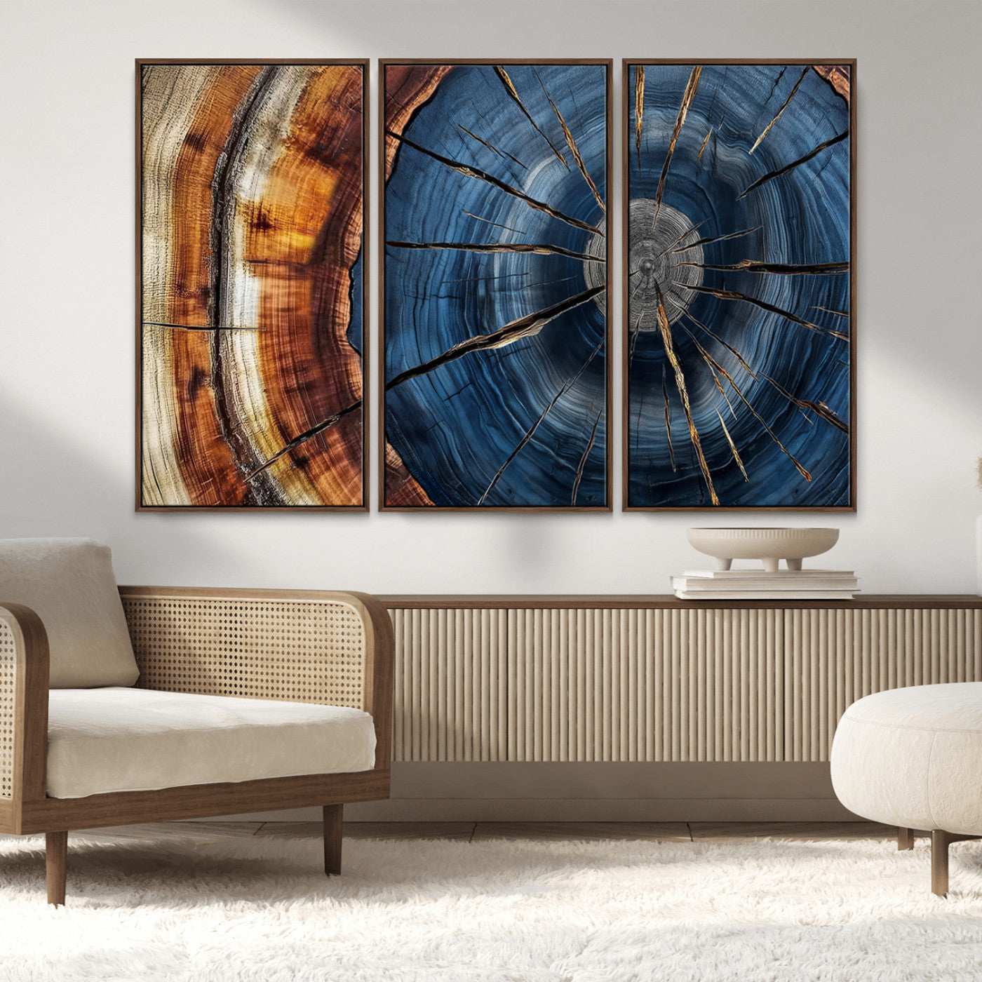 MGV-FC-48X32-3P - Framed Abstract Tree Ring Wall Art Print, Natural Rustic Wood Texture Canvas Print, Wood Tree Stump