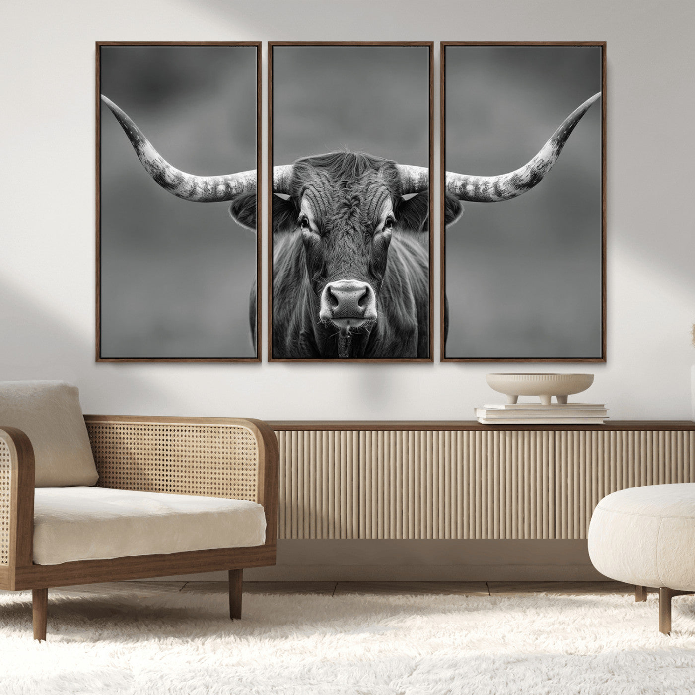 MGV-FC-48X32-3P - Framed Texas Longhorn Bull Art Canvas Print, Western Bull Wall Art Print, Long Horn Bull Photo Print