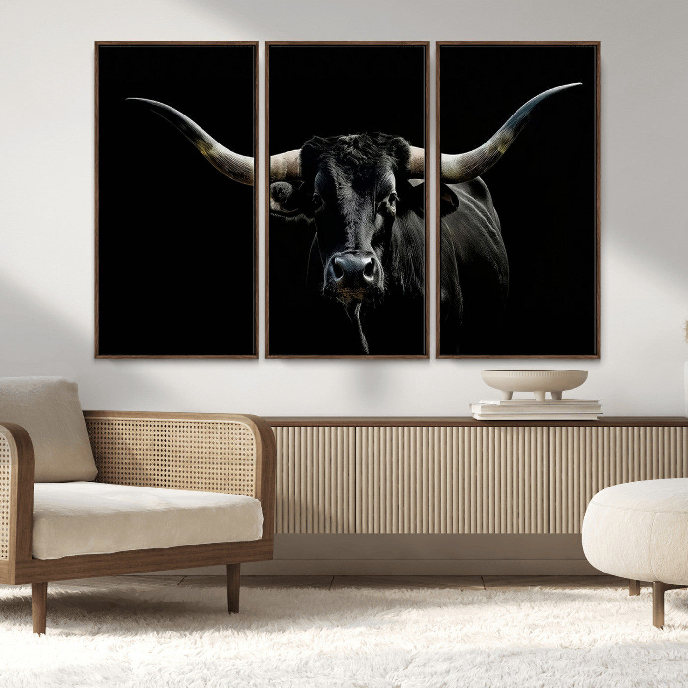 MGV-FC-48X32-3P - Texas Black Bull Wall Art Print, Longhorn Bull Canvas Wall Art