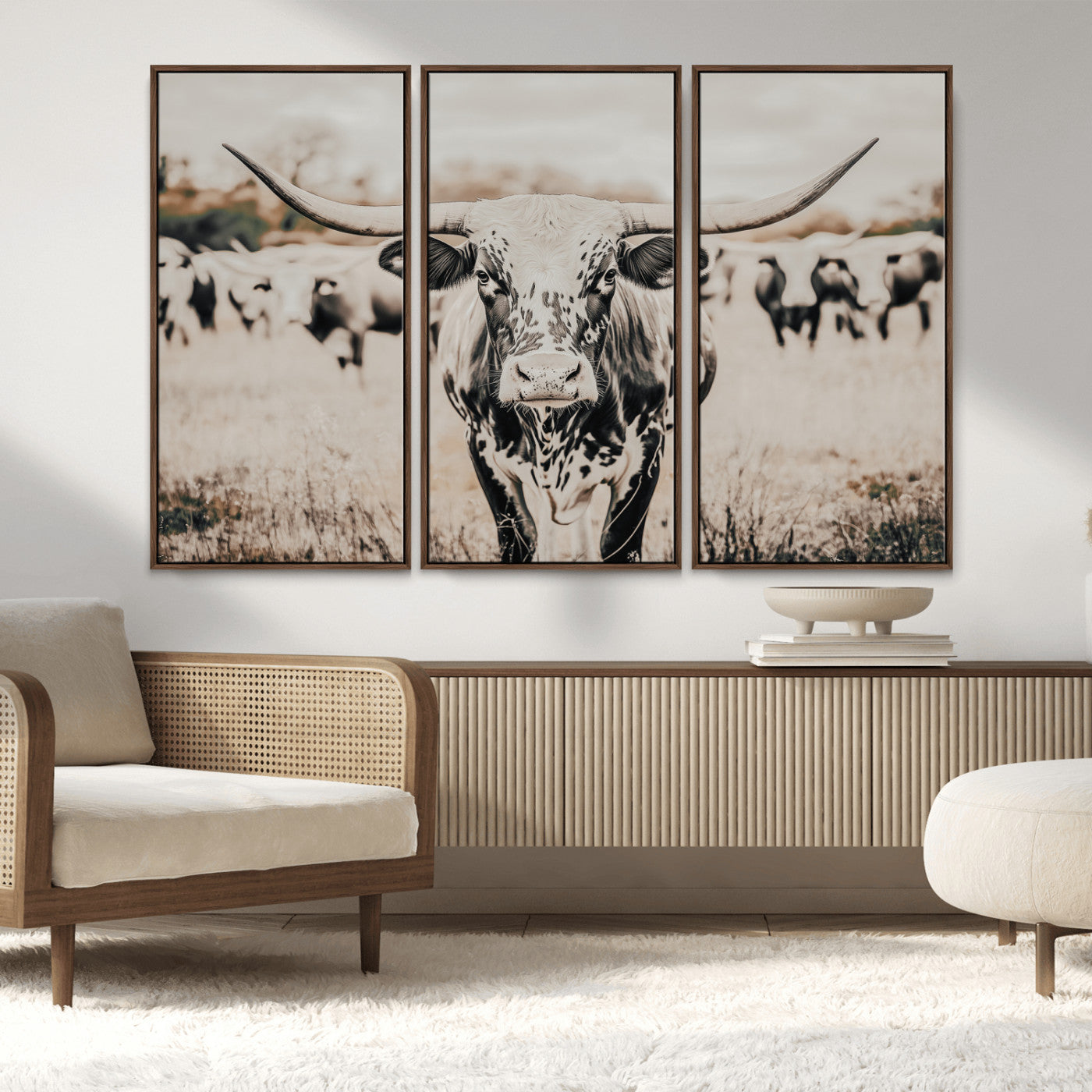 MGV-FC-48X32-3P - Texas Longhorn Wall Art Canvas Print, Framed Speckled Cow Art Picture Print, Horned Cattle Perfect Rustic Western Decor Artwork