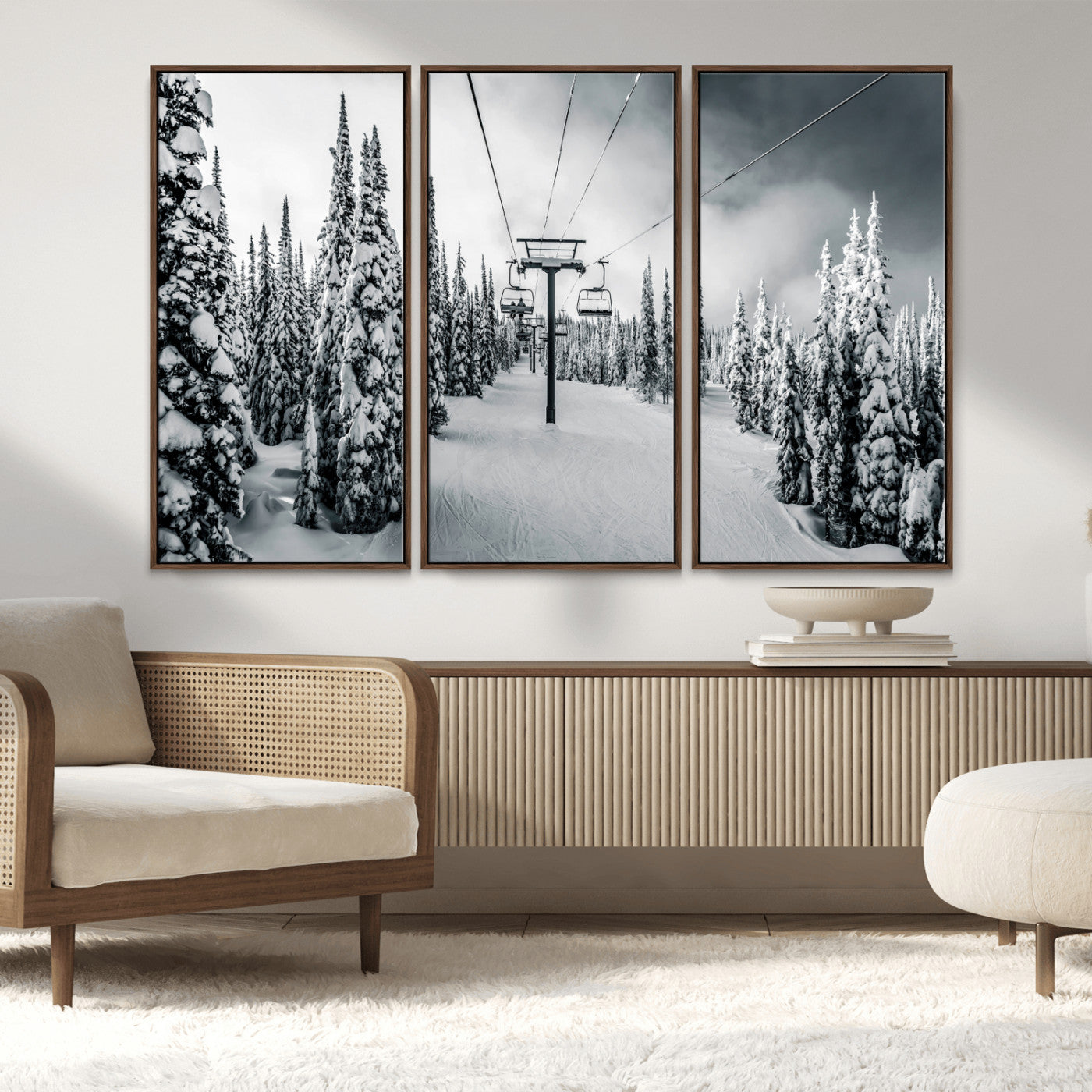 MGV-FC-48X32-3P - Snowy Pines Wall Art Canvas Print, Framed Ski Lift Art Picture Print, Winter Forest Perfect Moody Lodge Decor Artwork