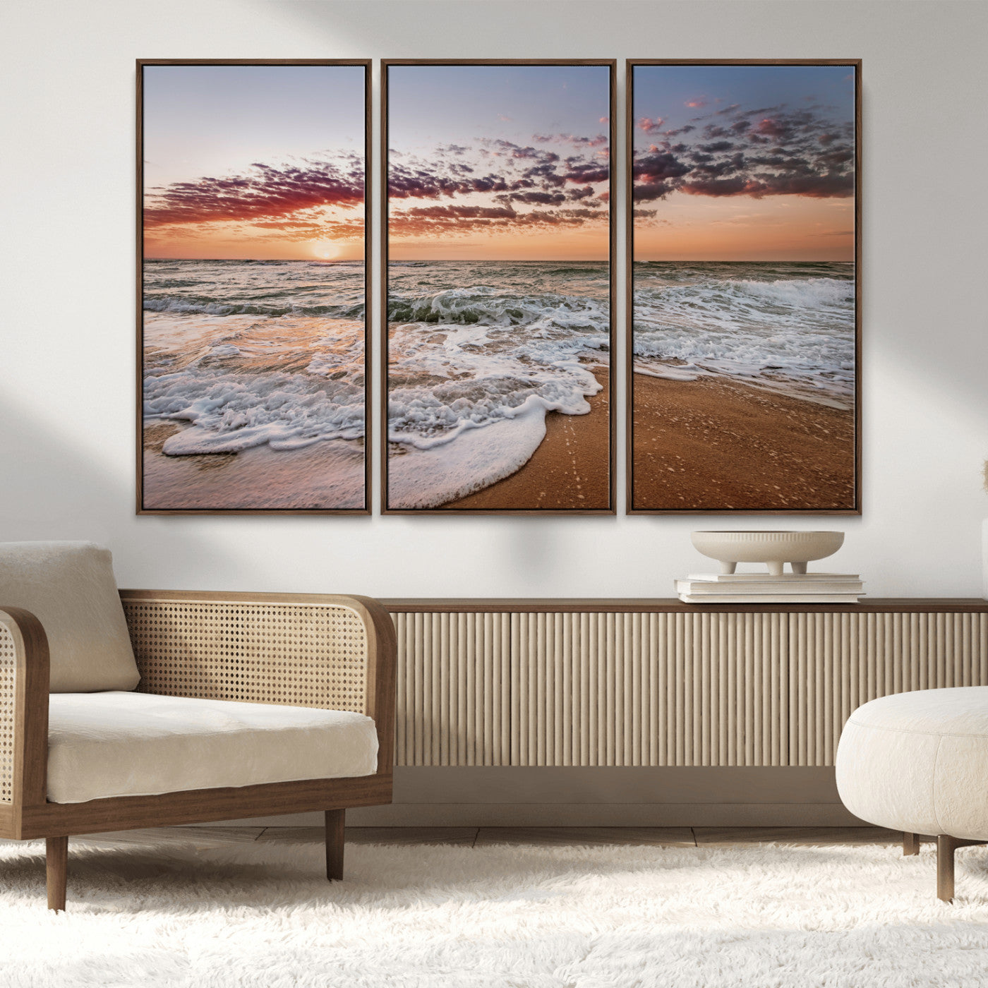 MGV-FC-48X32-3P - Ocean Sunset Wall Art Canvas Print, Framed Sandy Shore Art Picture Print, Gentle Waves Perfect Minimalist Coastal Decor Artwork