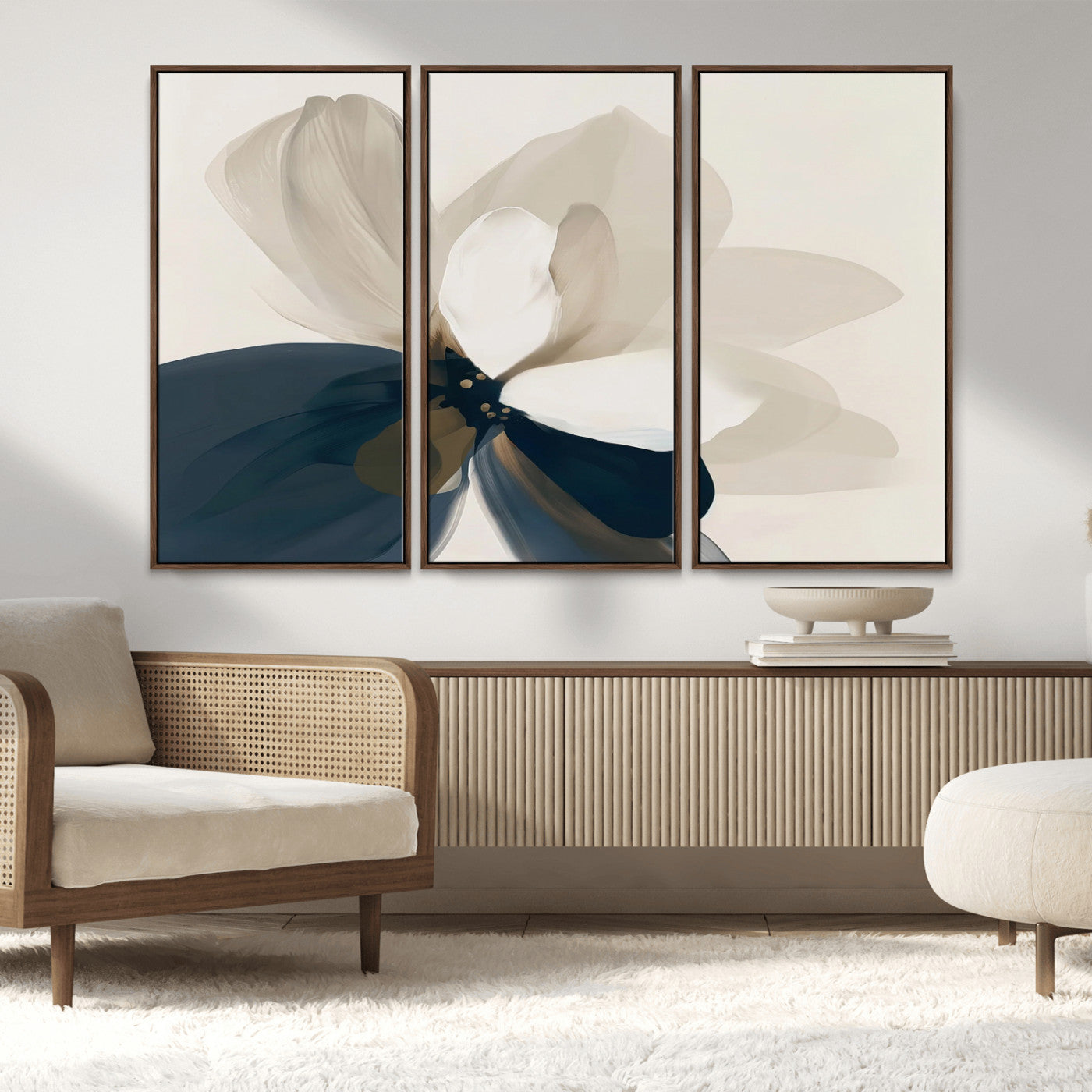 MGV-FC-48X32-3P - Minimal Flower Wall Art Canvas Print, Framed Flower Drawing Art Picture Print, Beige Bloom Perfect Modern Botanical Decor Artwork