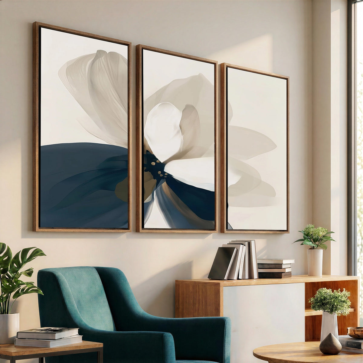 42188901-MGV-CV-24X16 - Minimal Flower Wall Art Canvas Print | Framed Beige and Navy Bloom