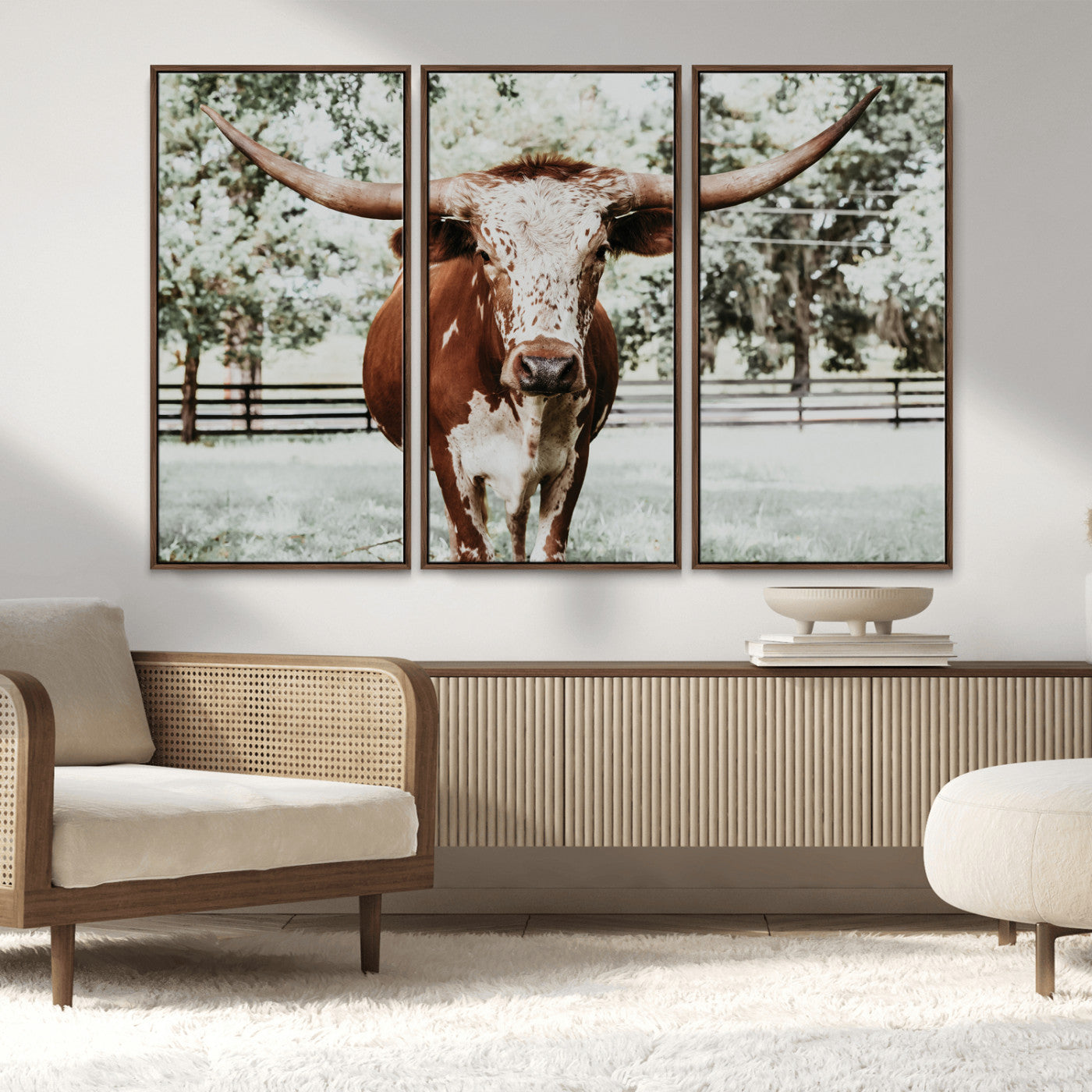 MGV-FC-48X32-3P - Texas Longhorn Wall Art Canvas Print, Framed Spotted Cow Art Picture Print, Horned Cattle Perfect Rustic Western Decor Artwork