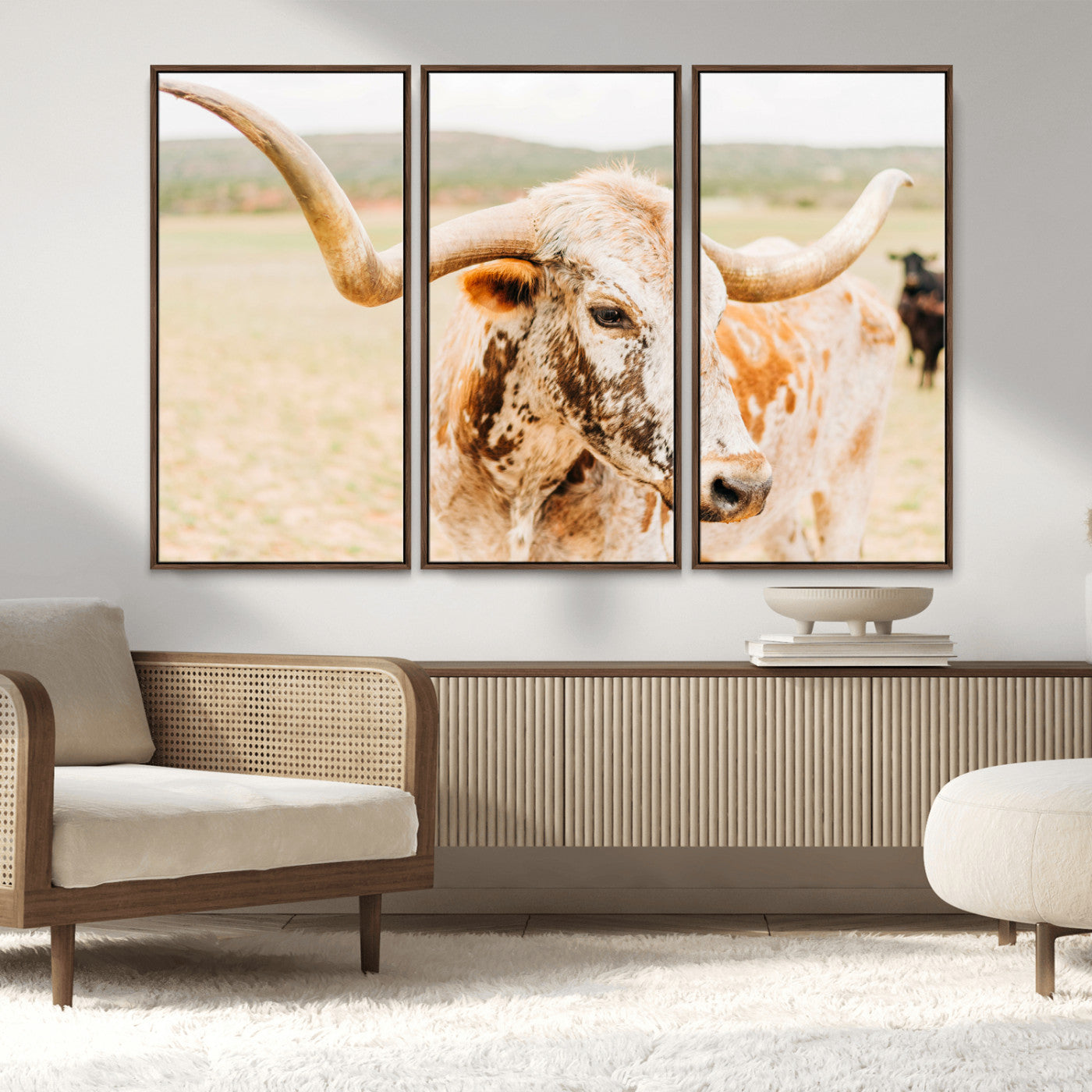 MGV-FC-48X32-3P - Texas Longhorn Wall Art Canvas Print, Framed Spotted Cow Art Picture Print, Horned Cattle Perfect Rustic Western Decor Artwork