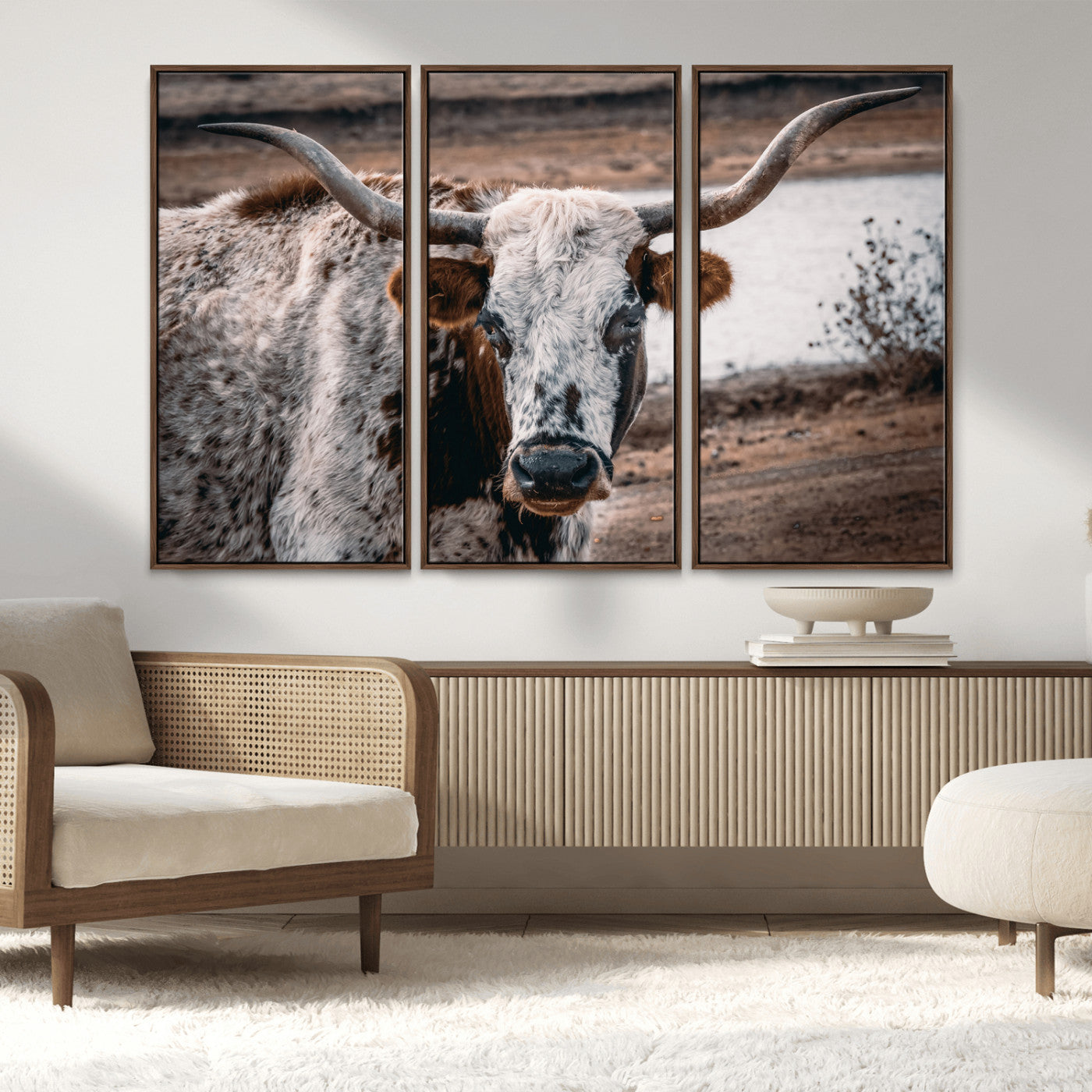 MGV-FC-48X32-3P - Texas Longhorn Wall Art Canvas Print, Framed Spotted Cow Art Picture Print, Horned Cattle Perfect Rustic Western Decor Artwork