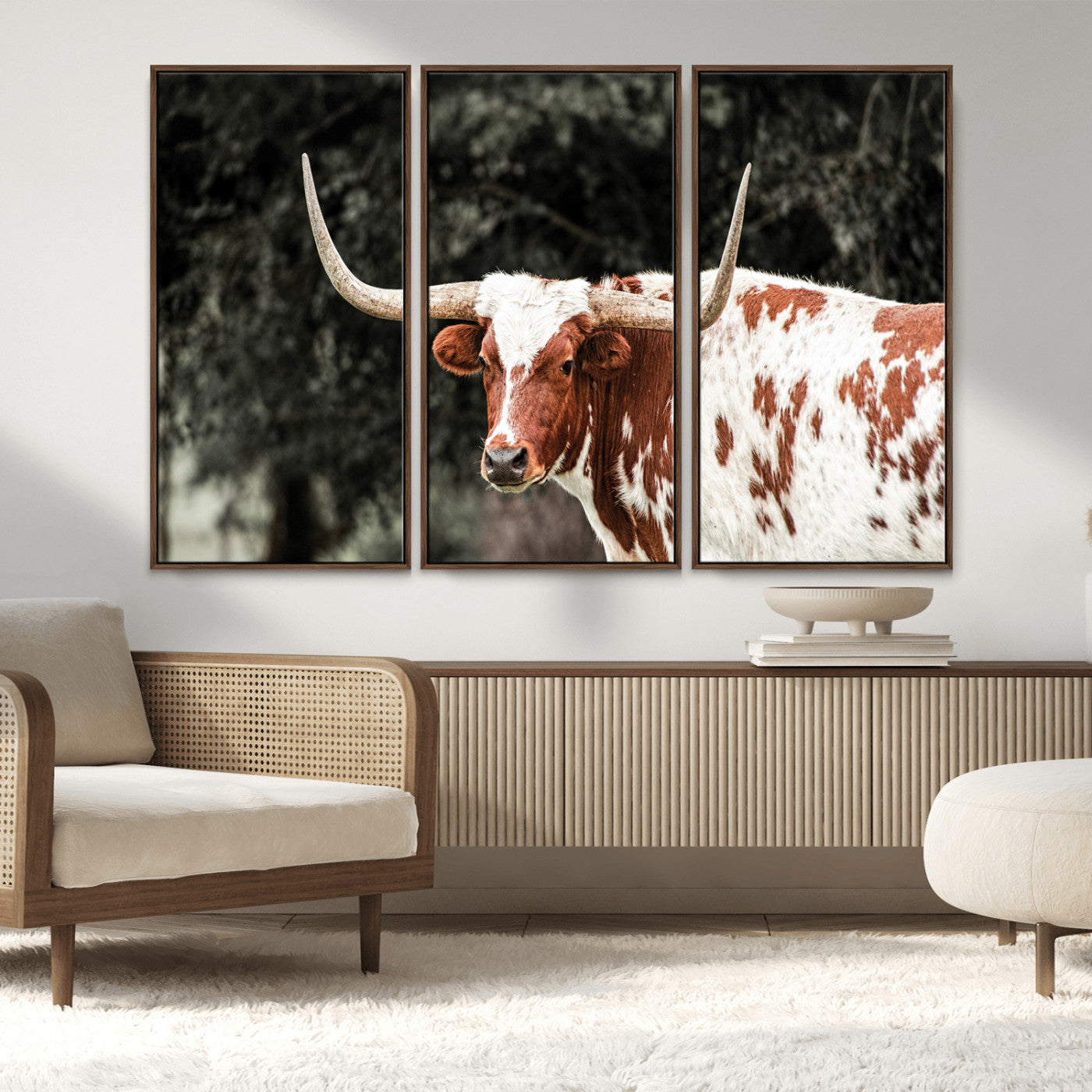 MGV-FC-48X32-3P - Texas Longhorn Wall Art Canvas Print, Framed Spotted Cow Art Picture Print, Horned Bull Perfect Rustic Western Decor Artwork