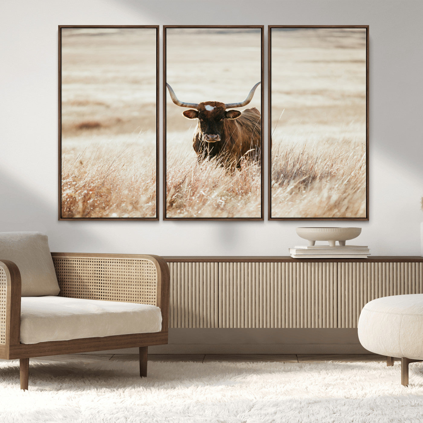 MGV-FC-48X32-3P - Texas Longhorn Wall Art Canvas Print, Framed Brown Cattle Art Picture Print, Horned Bull Perfect Rustic Western Decor Artwork