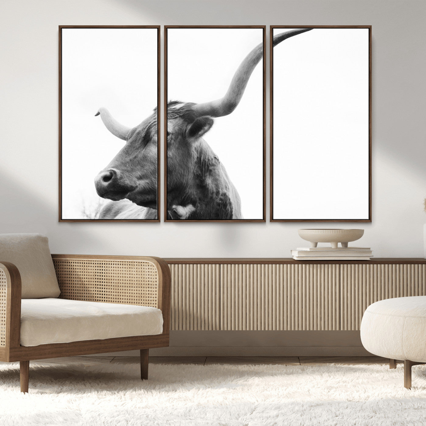 MGV-FC-48X32-3P - Longhorn Wall Art Wall Art Canvas Print, Framed Modern Ranch Style Art Art Picture Print, Monochrome Cow Print Perfect Rustic Western Decor Artwork