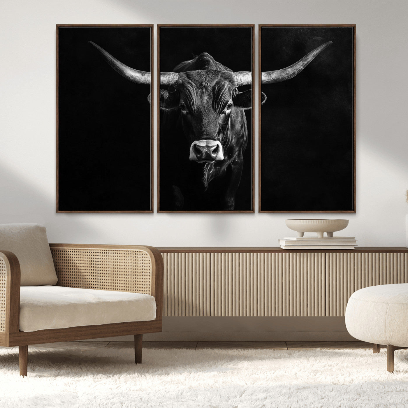 MGV-FC-48X32-3P - Texas Longhorn Wall Art Canvas Print, Framed Monochrome Bull Art Picture Print, Horned Bull Perfect Rustic Western Decor Artwork