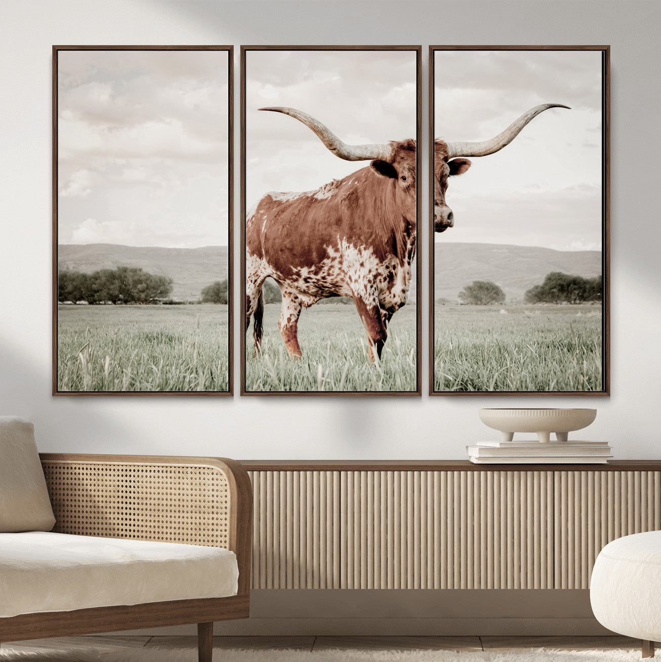 28309012-MGV-CV-36X24-Texas Longhorn Wall Art – Framed Spotted Cattle Canvas Artwork, Horned Bull Design, Western Ranch Decor for Home, Office