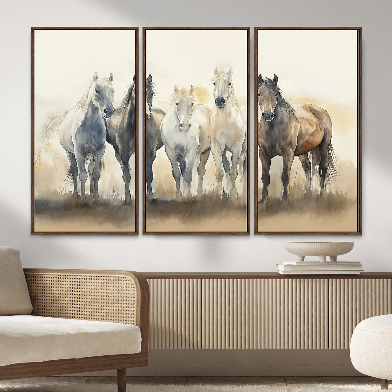 11177620-MGV-CV-36X24-Wild Horses Wall Art Canvas Print, Framed Running Horses Art Picture Print, Watercolor Horses Perfect Rustic Western Decor Artwork
