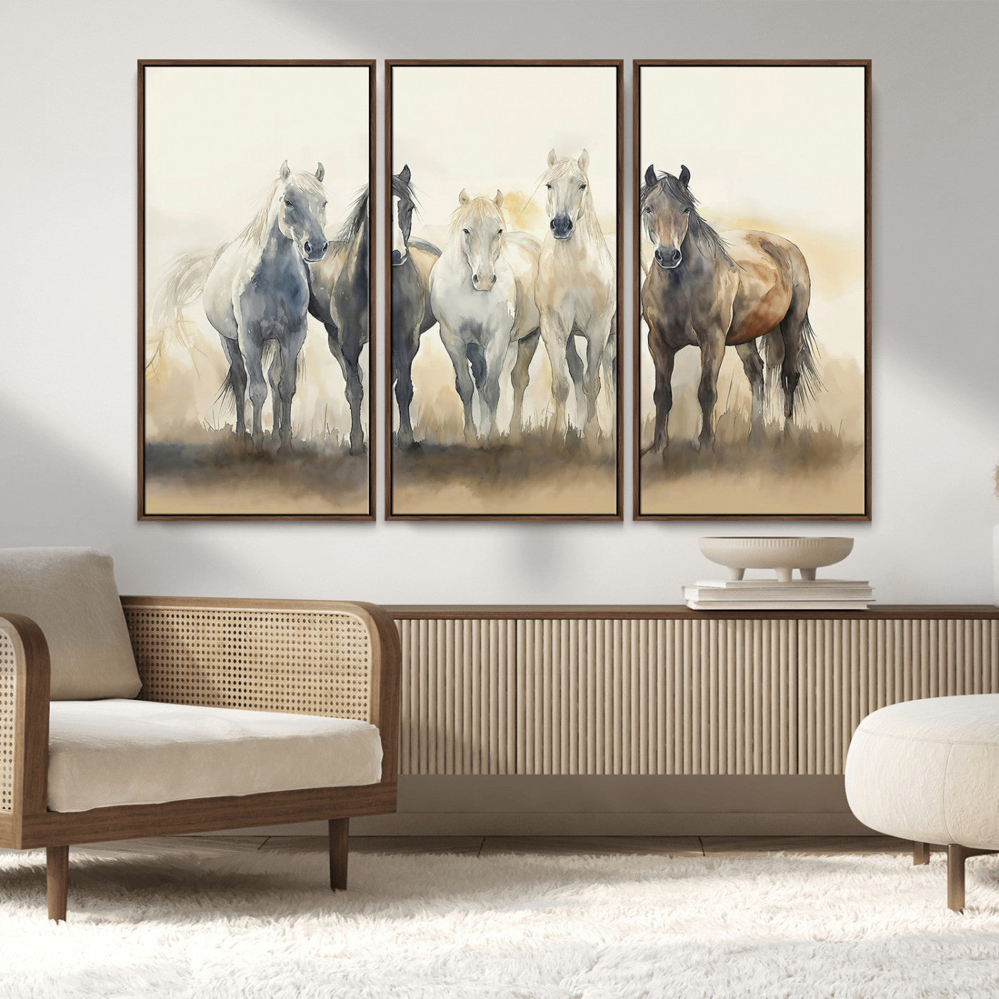 MGV-FC-48X32-3P - Wild Horses Wall Art Canvas Print, Framed Running Horses Art Picture Print, Watercolor Horses Perfect Rustic Western Decor Artwork