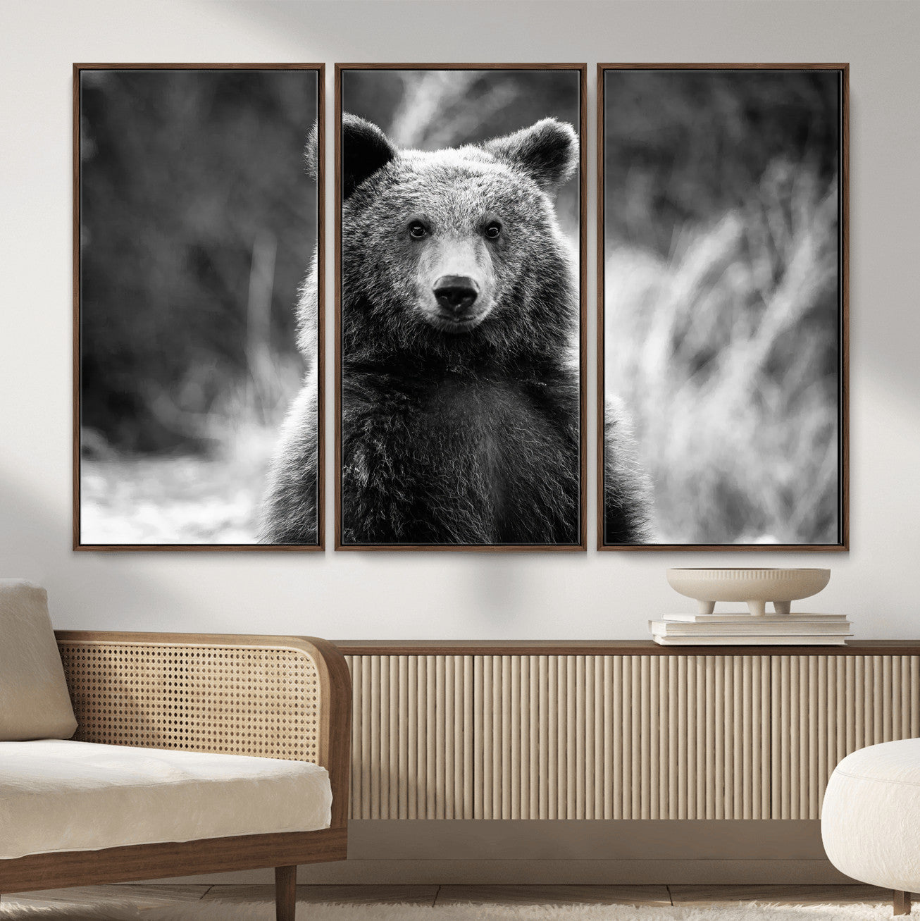 55656803-MGV-FC-48X32-3P_Walnut-Grizzly Bear Wall Art Canvas Print – Framed Black White Wildlife Rustic Nature Artwork for Home, Office Decor