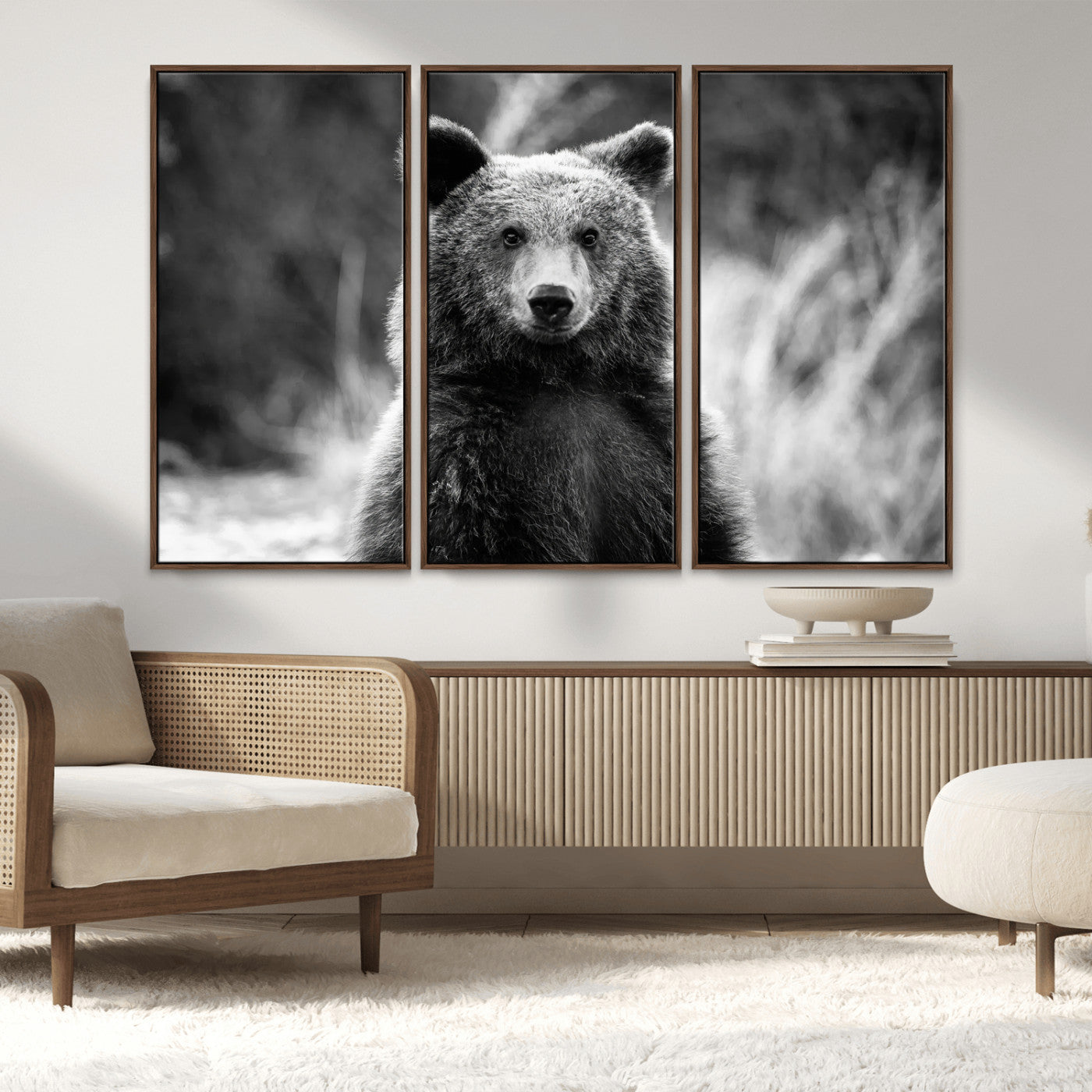 MGV-FC-48X32-3P - Grizzly Bear Wall Art Canvas Print, Framed Black White Bear Art Picture Print, Wild Bear Perfect Rustic Wildlife Decor Artwork