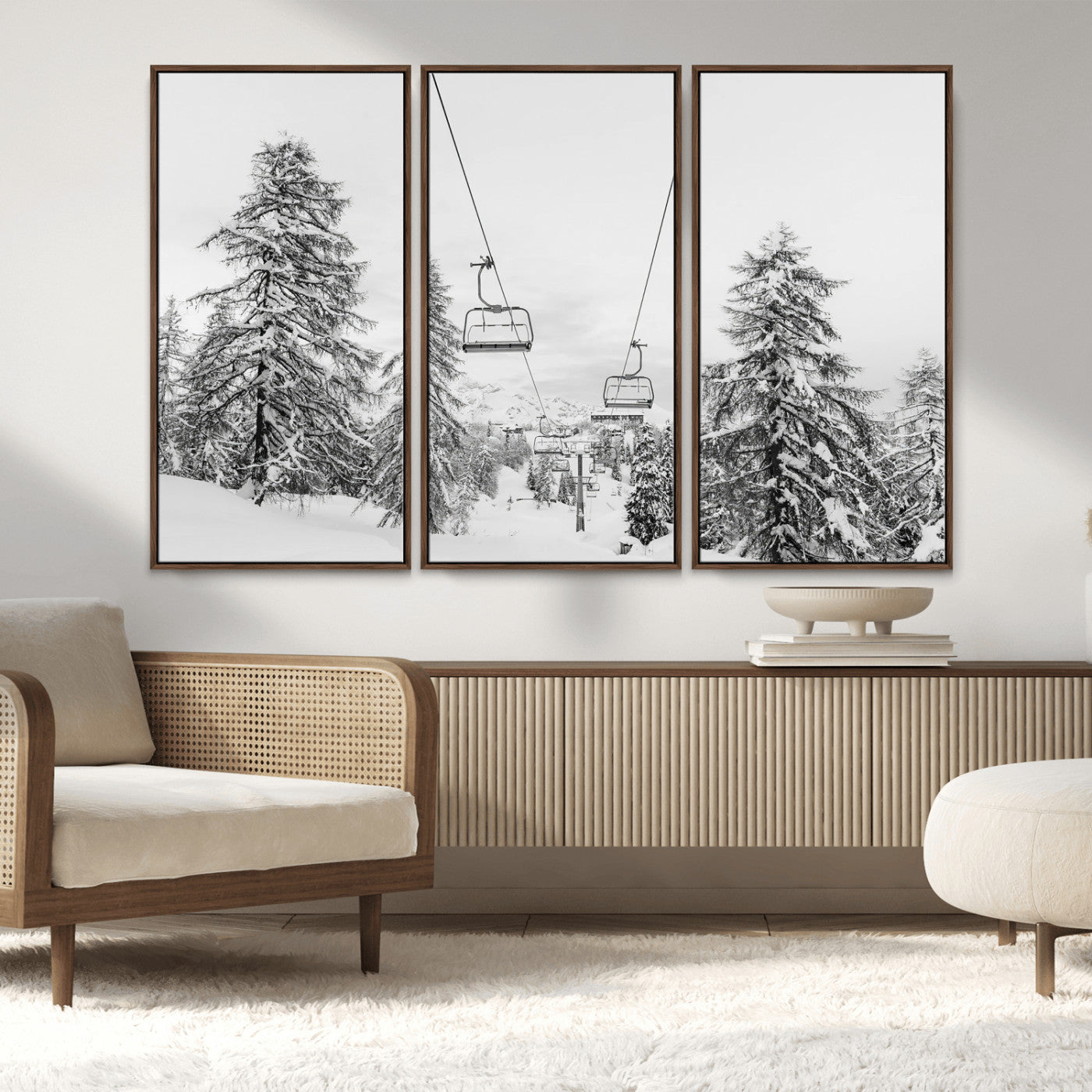 MGV-FC-48X32-3P - Wall Art Canvas Print Winter Chairlift Views Silent Snow-Covered Pines Mountain Calm Serenity Frozen