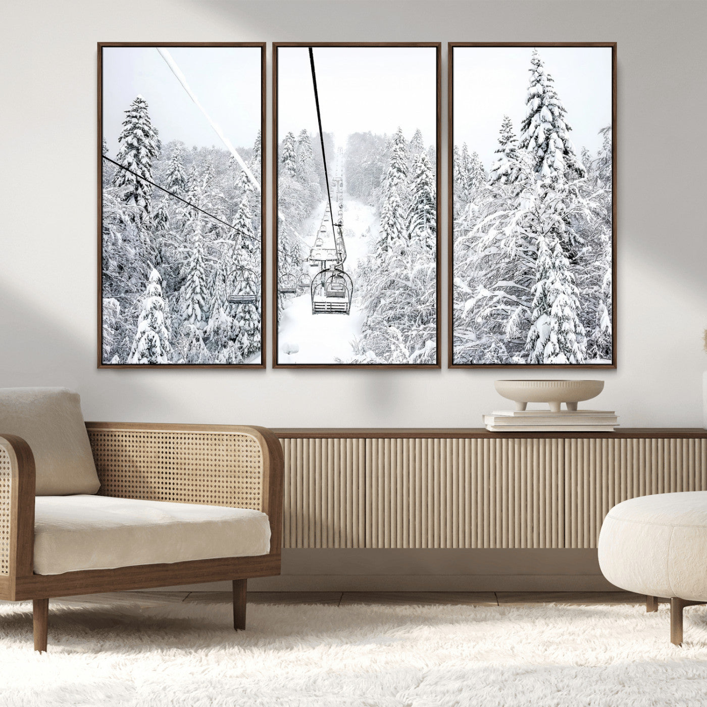 MGV-FC-48X32-3P - Snowy Mountains Wall Art Canvas Print, Framed Ski Lift Art Picture Print, Winter Forest Perfect