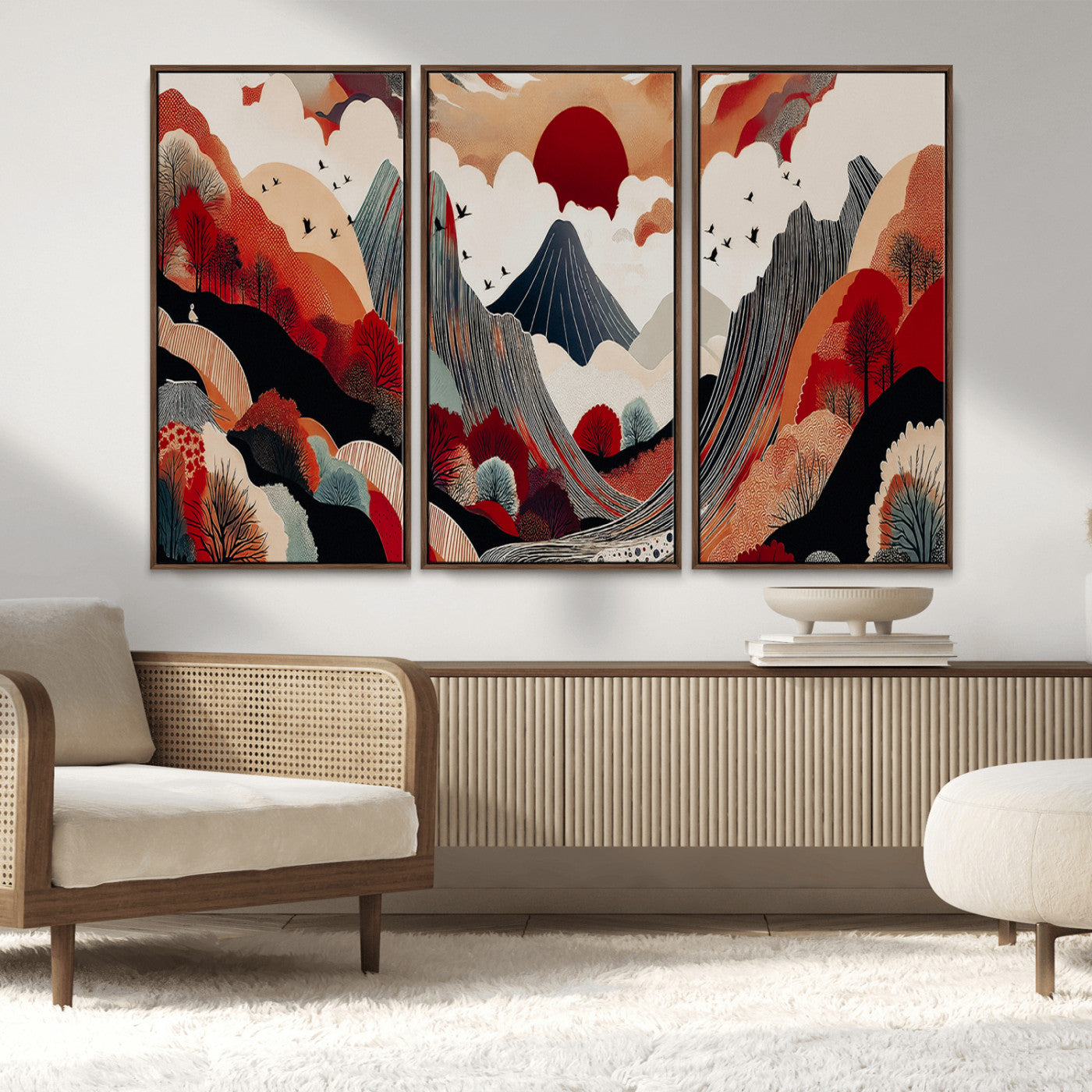 MGV-FC-48X32-3P - Abstract Mountain Wall Art Canvas Print, Framed Vibrant Landscape Art Picture Print, Stylized Nature Drawing Perfect Contemporary Minimalist Decor Artwork
