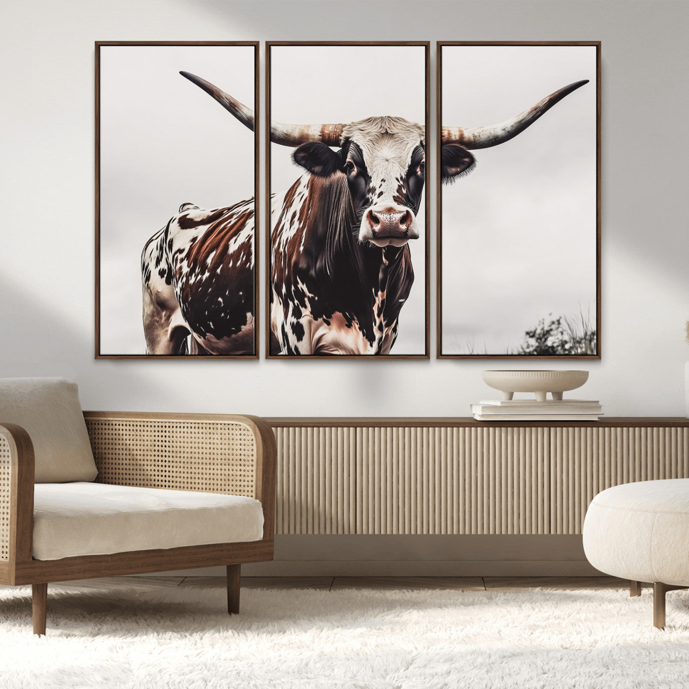 Close-up of a Texas Longhorn bull with powerful horns, perfect for rustic farmhouse or country-themed home decor. Ideal for animal lovers.