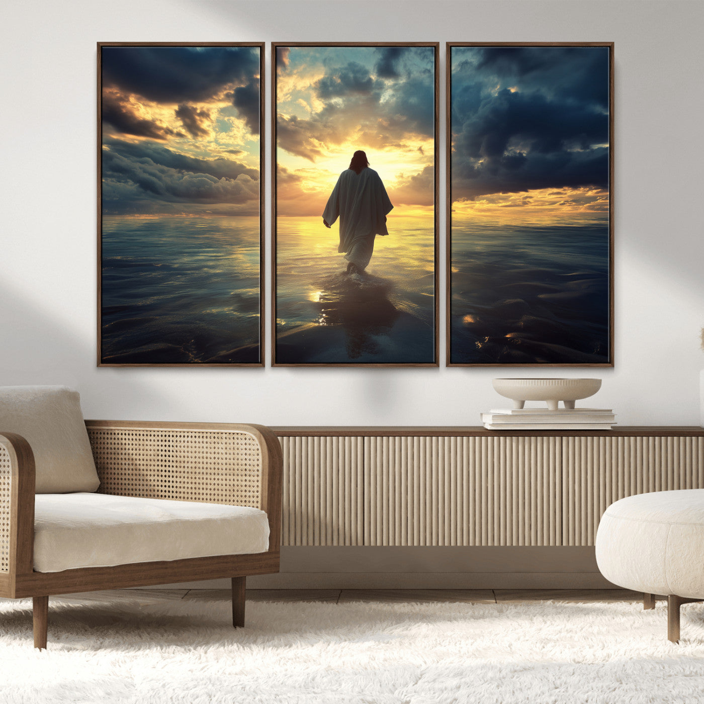 MGV-FC-48X32-3P - Jesus Walks Wall Art Canvas Print, Framed Divine Sunset Art Picture Print, Spiritual Light Perfect Spiritual Tranquil Decor Artwork