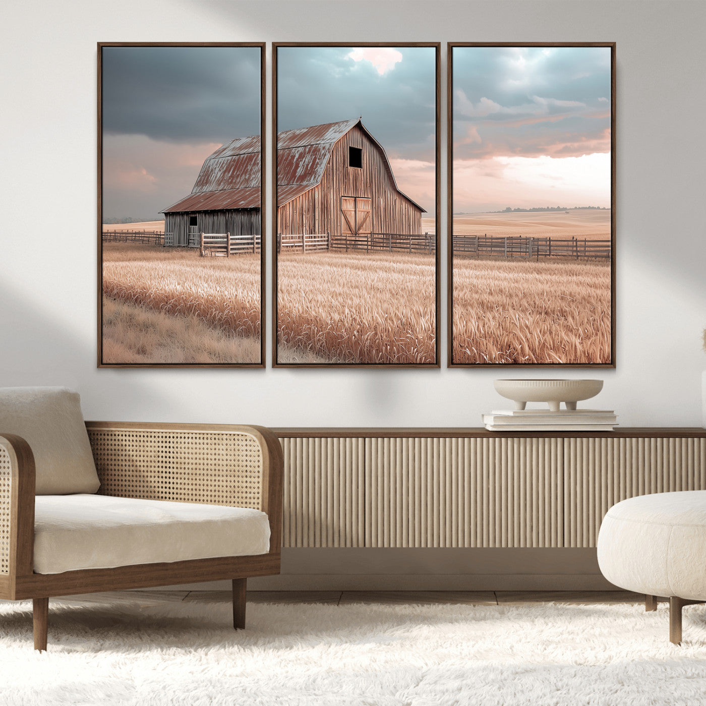 MGV-FC-48X32-3P - Rustic Barn Wall Art Canvas Print, Framed Wheat Field Art Picture Print, Sunset Barn Perfect Vintage Farmhouse Decor Artwork