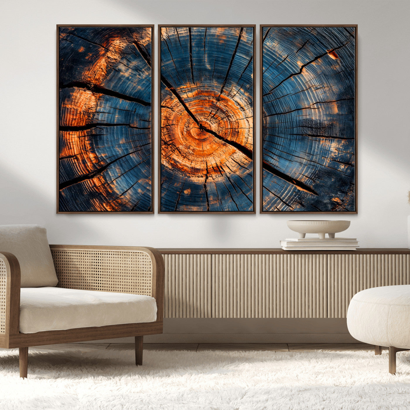 MGV-FC-48X32-3P - Burnt Wood Wall Art Canvas Print, Framed Aged Timber Art Picture Print, Rustic Tree Slice Perfect Rustic Decor Artwork