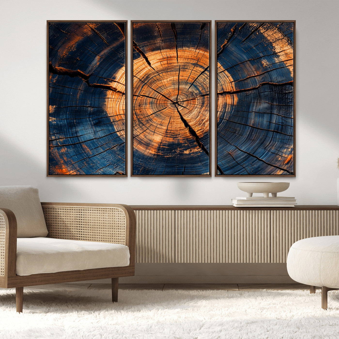 MGV-FC-48X32-3P - Burnt Wood Wall Art Canvas Print, Framed Aged Timber Art Picture Print, Rustic Tree Slice Perfect Rustic Decor Artwork