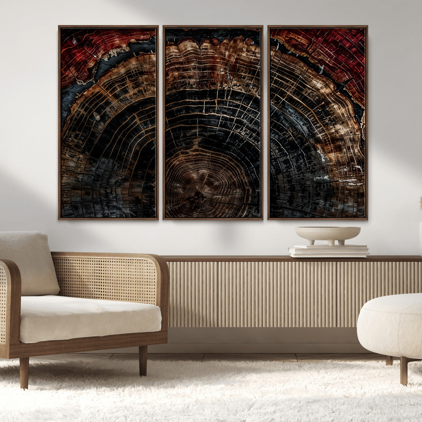 MGV-FC-48X32-3P - Dark Wood Ring Wall Art Canvas Print, Framed Abstract Wood Tree Art Picture Print, Rustic Tree Slice Perfect Rustic Decor Artwork