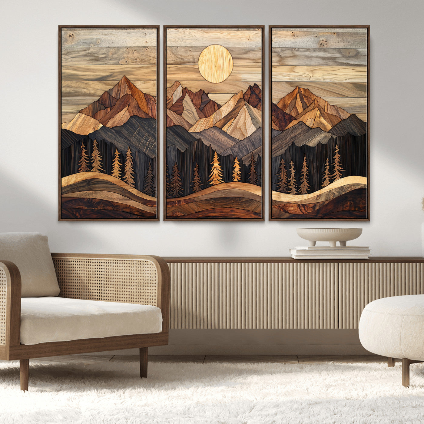 MGV-FC-48X32-3P - Wood Mountain Wall Art Canvas Print, Framed Boho Wood Art Picture Print, Abstract Woodland Perfect Farmhouse Decor Artwork