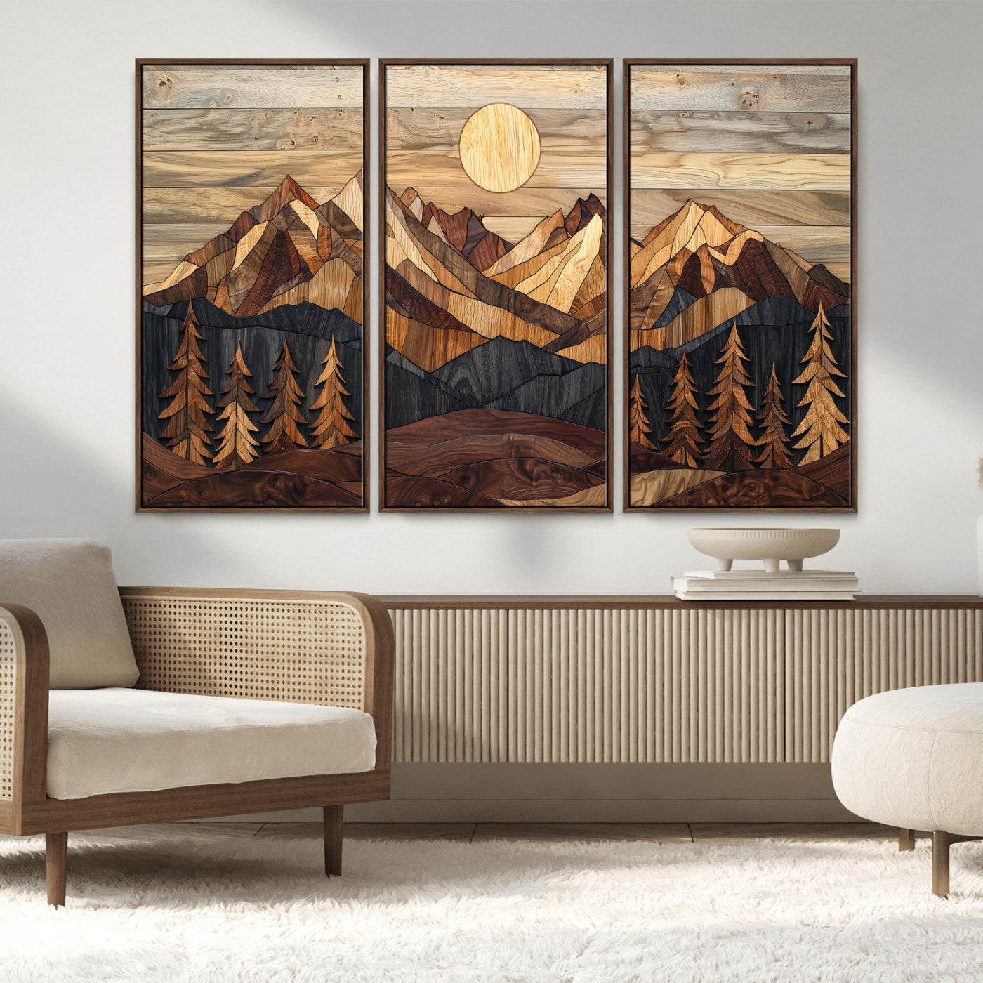 MGV-FC-48X32-3P - Wood Mountain Landscape Wall Art Canvas Print, Framed Sunset Hills Art Picture Print, Abstract Nature Perfect Boho Decor Artwork