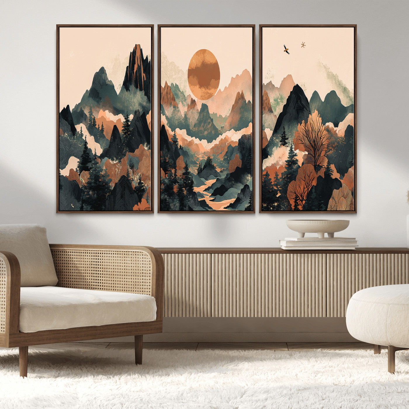 MGV-FC-48X32-3P - Wood Mountain Landscape Wall Art Canvas Print, Framed Sunset Hills Art Picture Print, Abstract Nature Perfect Boho Decor Artwork