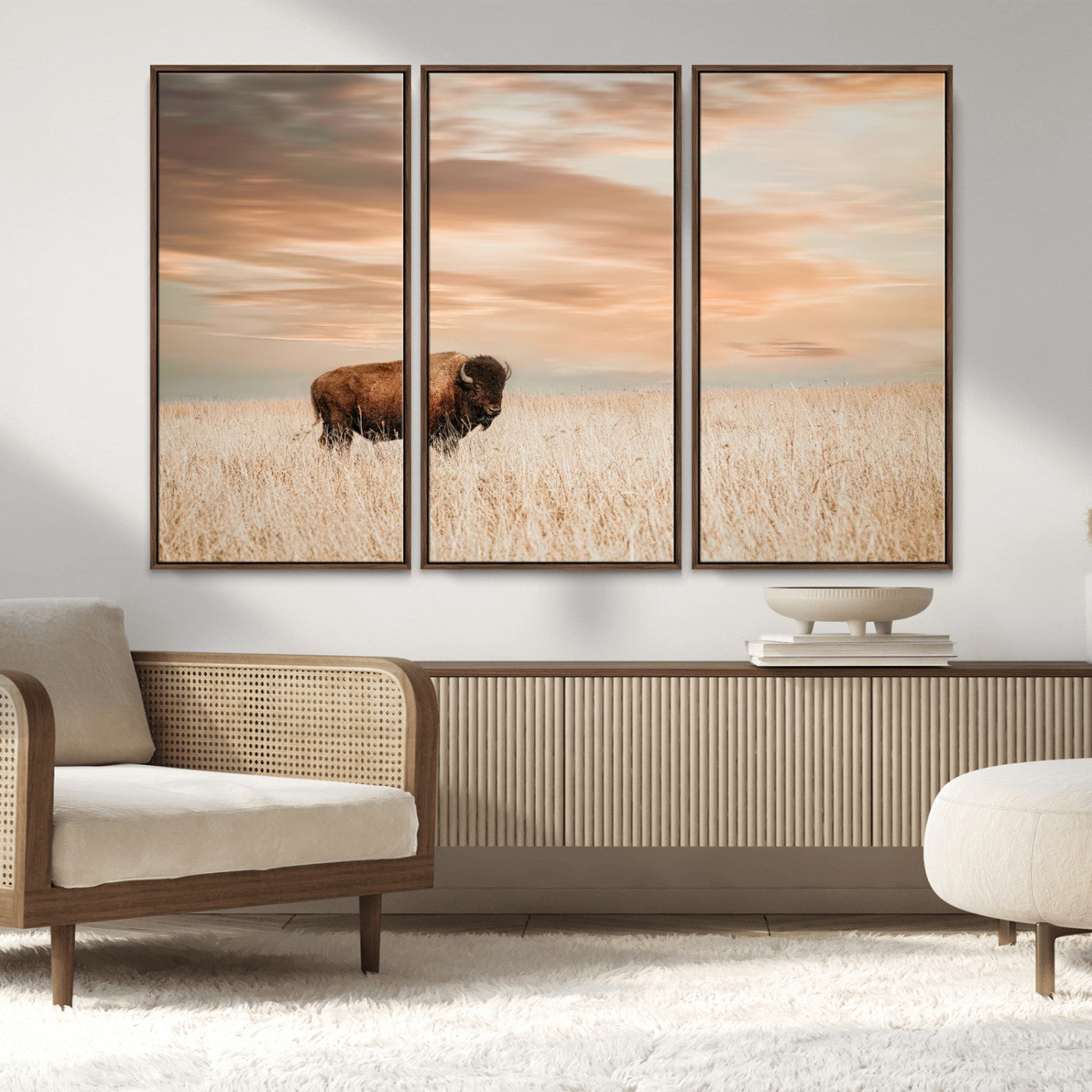 MGV-FC-48X32-3P - Bison Wall Art Canvas Print, Framed Buffalo Art Picture Print, Western Prairie Perfect Rustic Decor Artwork