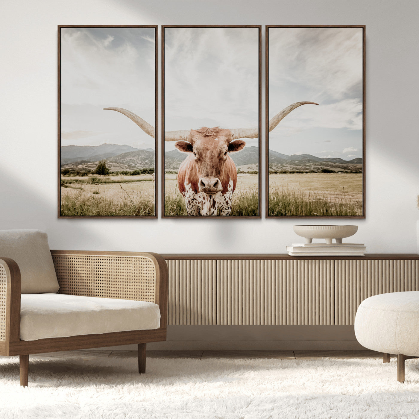 MGV-FC-48X32-3P - Texas Longhorn Wall Art Canvas Print, Framed Western Cow Art Picture Print, Rustic Farmhouse Perfect Farmhouse Decor Artwork