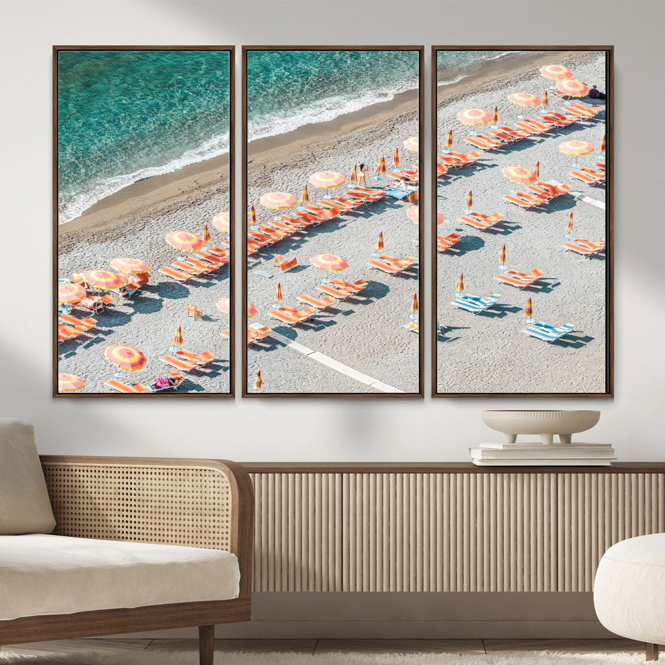 27805351-MGV-CV-36X24 - Beach Umbrellas Wall Art – Orange Loungers & Turquoise Water Canvas Print, Sandy Shore and Summer Vibes