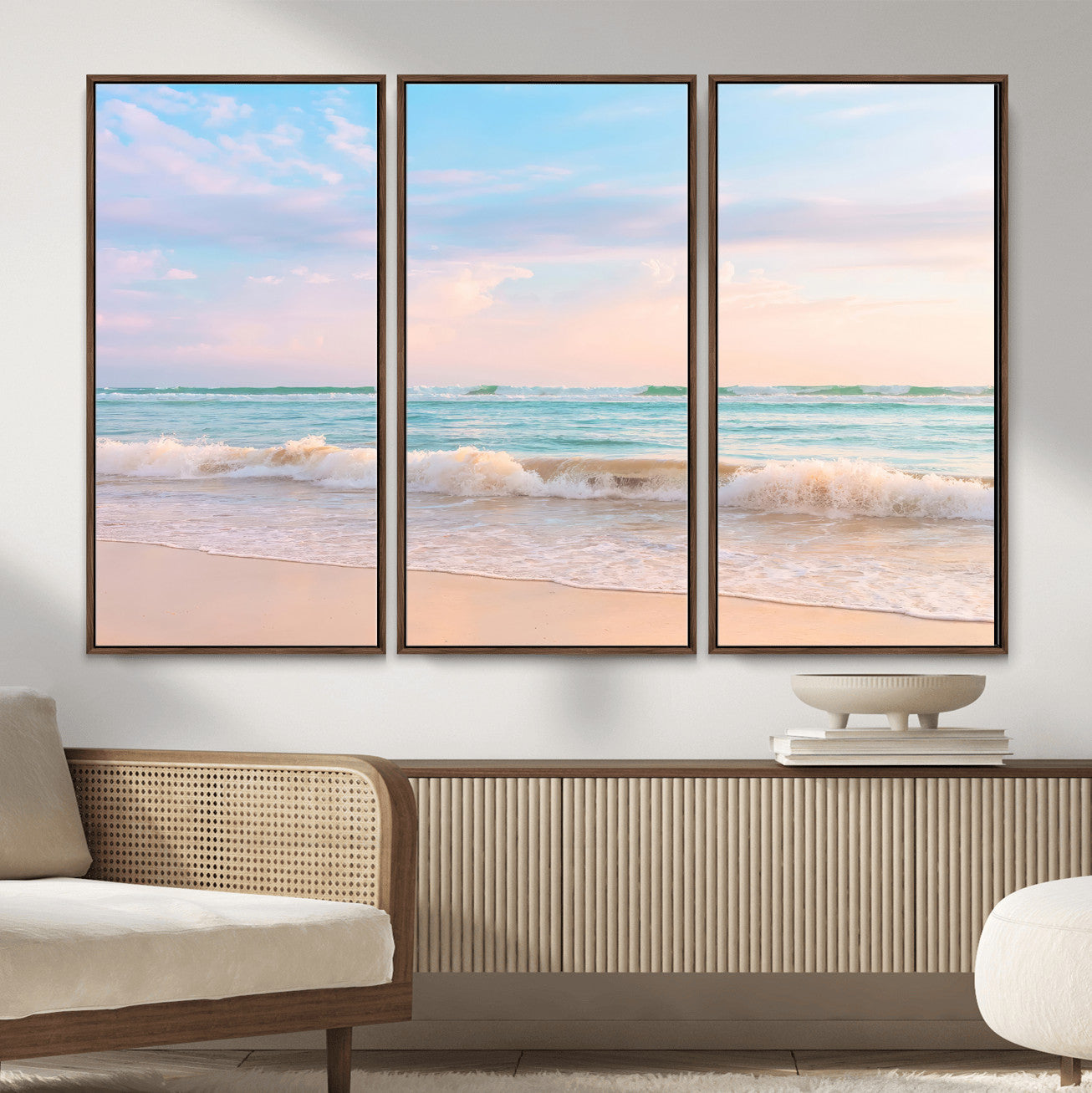 74679437-MGV-CV-36X24 - Serene Waves Wall Art – Golden Shore & Soft Pastel Sky Canvas Print, Gentle Ocean and Peaceful Sunset for Living Room or Office