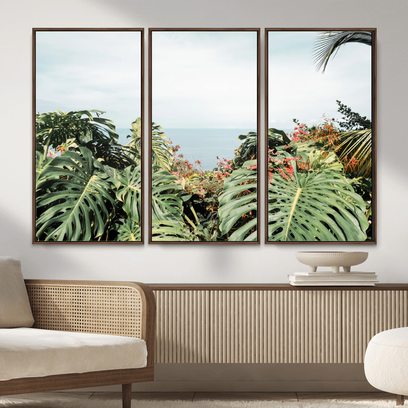 45700479-MGV-CV-36X24 - Tropical Greenery Wall Art – Exotic Leaves & Ocean View Canvas Print, Sunlit Paradise and Vibrant Nature for Living Room or Coastal Decor