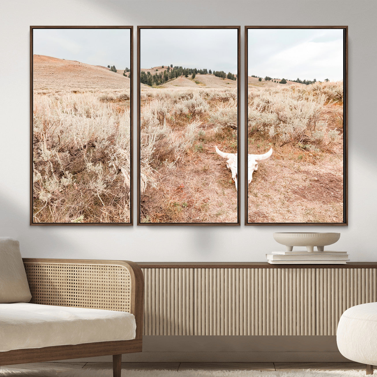 97234735-MGV-CV-36X24 - Desert Skull Wall Art – Arid Landscape & Sagebrush Canvas Print, Rustic Nature and Earth Tones for Living Room or Minimalist Decor