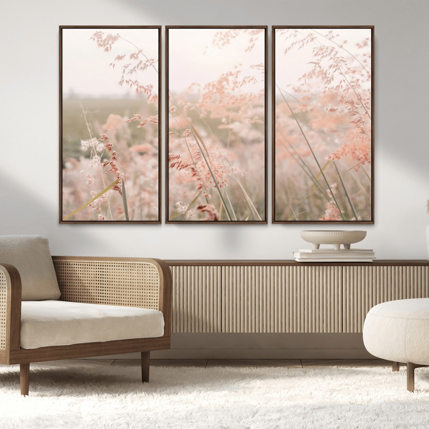 MGV-FC-48X32-3P - Pastel Grasses Wall Art Canvas Print, Framed Soft Meadow Art Picture Print, Field in Breeze Perfect Soft Pastel Minimal Decor Artwork