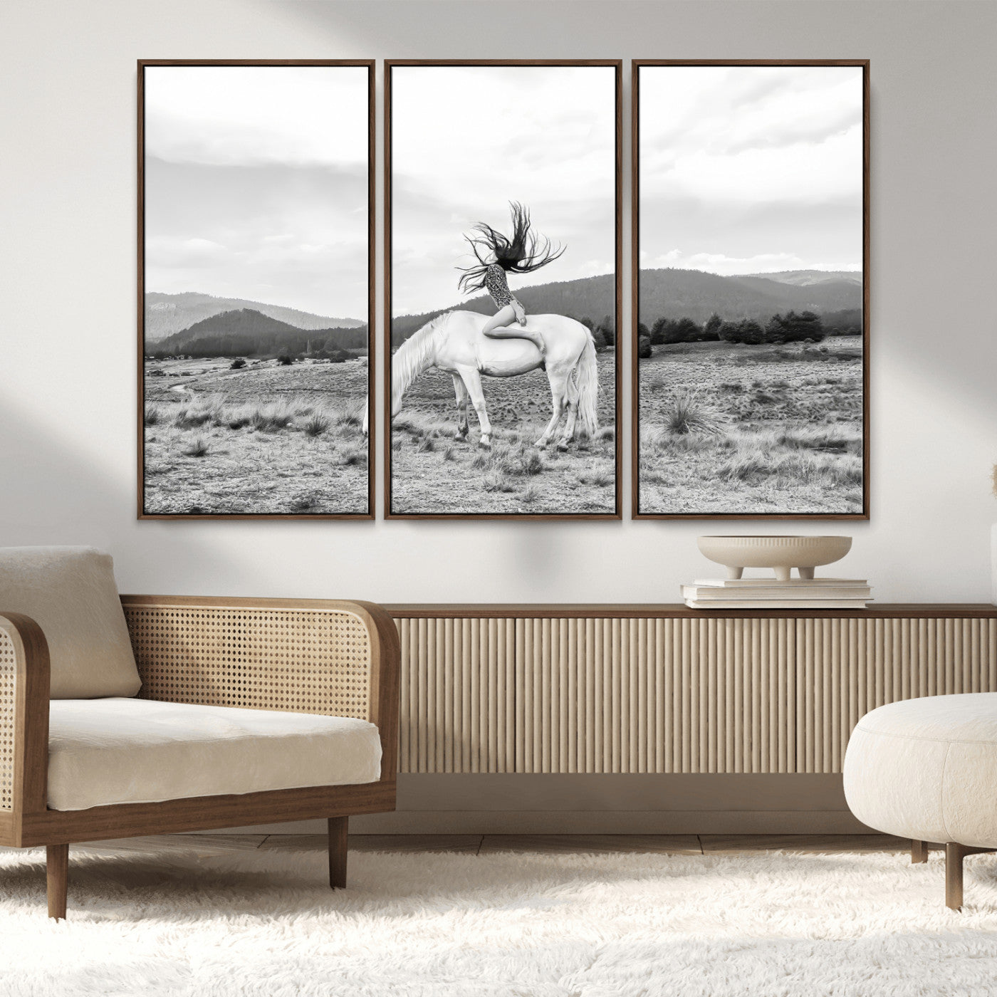 MGV-FC-48X32-3P - White Horse Wall Art Canvas Print, Framed Woman Rider Art Picture Print, Equestrian Pose Perfect Western Boho Decor Artwork