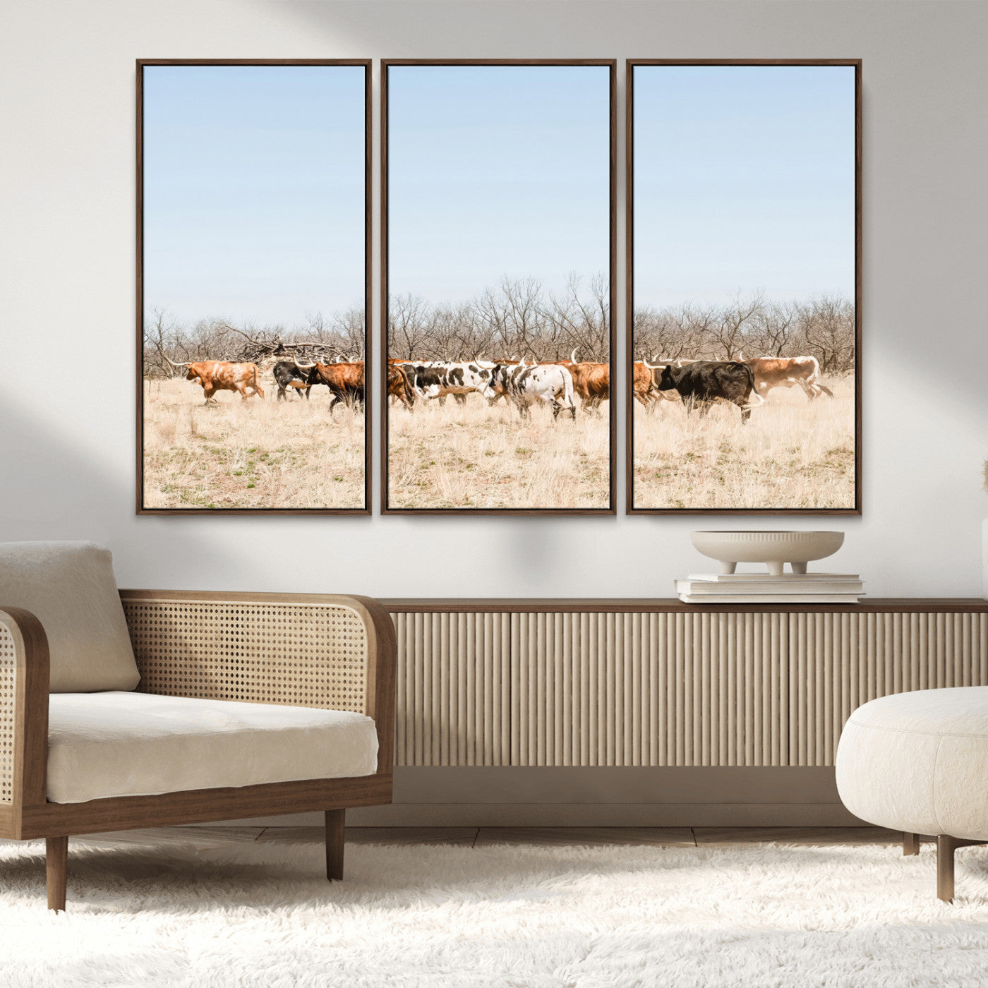 MGV-FC-48X32-3P - Texas Longhorns Wall Art Canvas Print, Framed Western Cattles Art Picture Print, Rustic Herd Perfect Rustic Farmhouse Decor Artwork