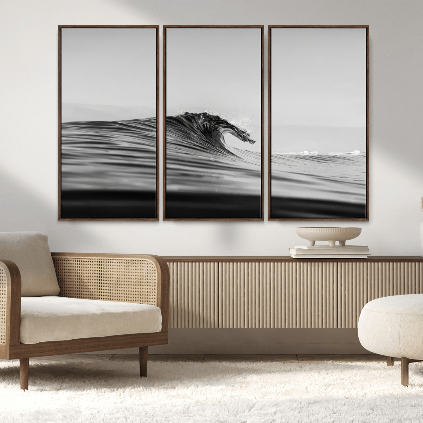 MGV-FC-48X32-3P - Black Wave Wall Art Canvas Print, Framed Abstract Surf Art Picture Print, Minimalist Ocean Perfect Minimalist Coastal Decor Artwork