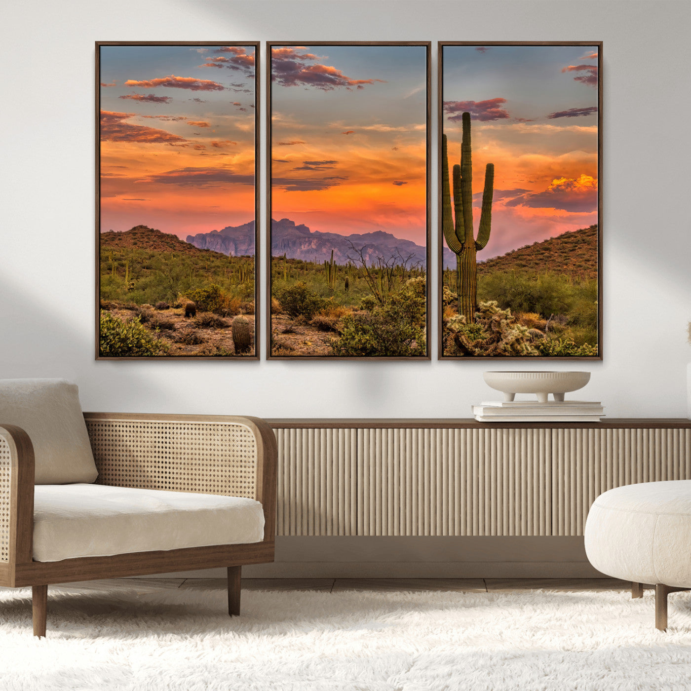 MGV-FC-48X32-3P - Saguaro Cactus Wall Art Canvas Print, Framed Arizona Sunset Art Picture Print, Sonoran Desert Perfect Southwestern Boho Decor Artwork