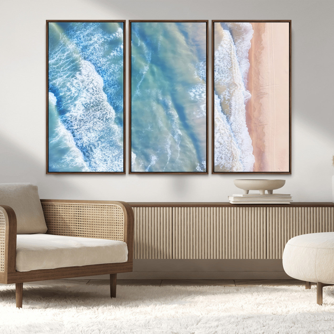 MGV-FC-48X32-3P - Aerial Ocean View Wall Art Canvas Print, Framed Soft Blue Waves Art Picture Print, Sandy Shoreline Perfect Modern Coastal Decor Artwork