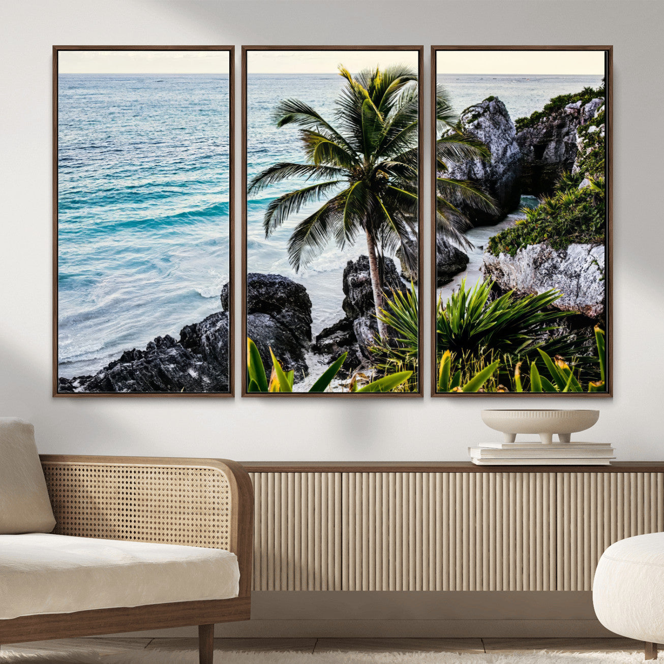 94669907-MGV-CV-36X24 - Tropical Palm Wall Art – Coastal Rocks Canvas Print, Ocean Breeze, Sandy Shore, Vibrant Green Foliage for Living Room or Beach House Decor